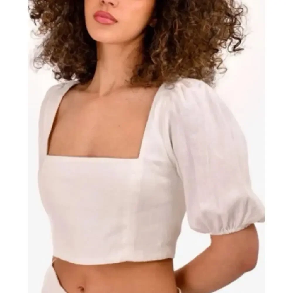 Reformation White Linen Cropped Top Puff Sleeve Smocked Chic Casual Size 10